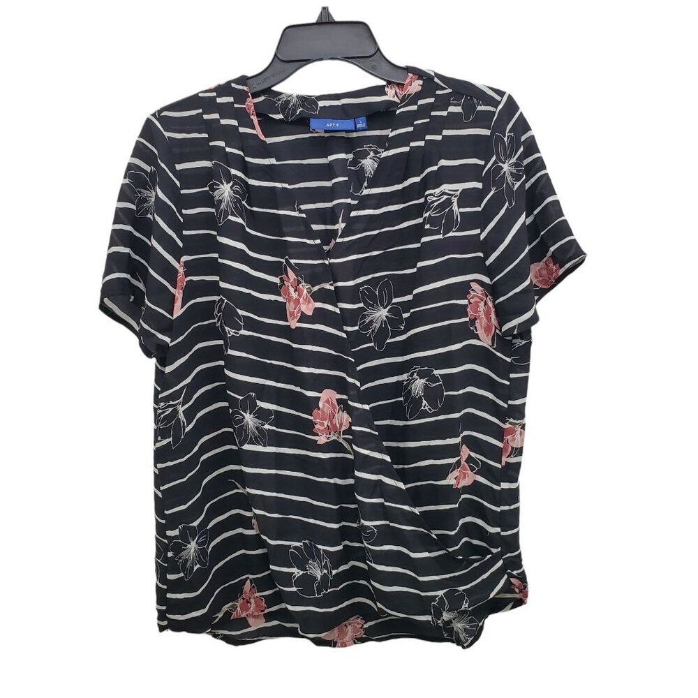 Apt. 9 Women's Black White Stripe Floral Short‎ Sleeve Pleated Wrap Top Size L